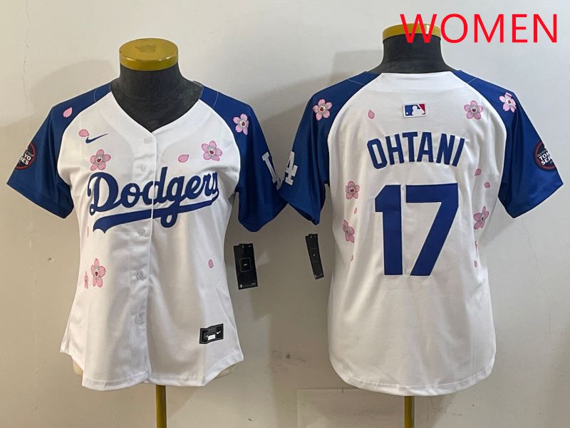 Women Los Angeles Dodgers #17 Ohtani White Blue Sakura Edition 2025 Nike MLB Jersey style 1->women mlb jersey->Women Jersey